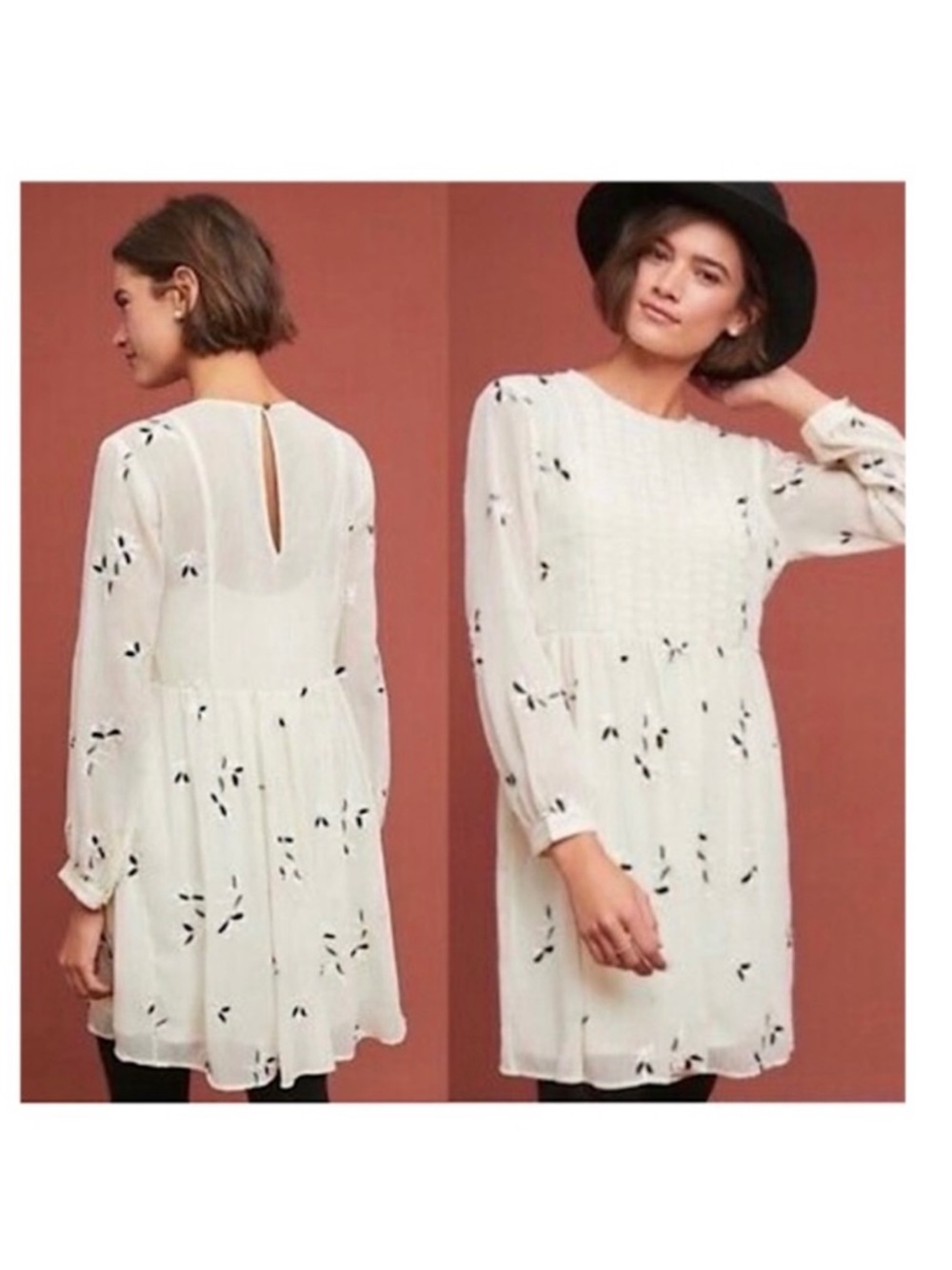 Anthropologie Cream Long-Sleeve Smocked-Front Printed Dress